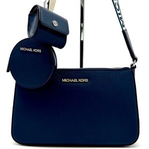Michael Kors Small Leather Crossbody Bag w Case for Apple Airpods Pro® Navy